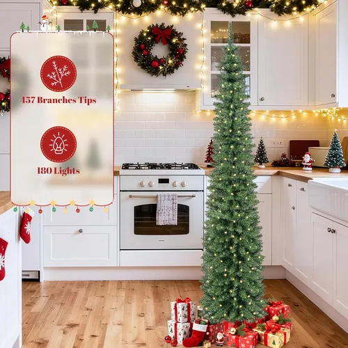 Vista 3 de QBA Árbol de Navidad preiluminado de 7 pies, árbol de Navidad artificial Verde Blanco Cálido
