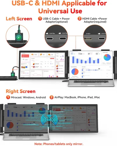 Vista 8 de Extensor de pantalla para portátil 1080P de 14", conexión de un cable (Windows y Mac) Dual Screen USB-C HDMI Wireless & Wired Travel Extended