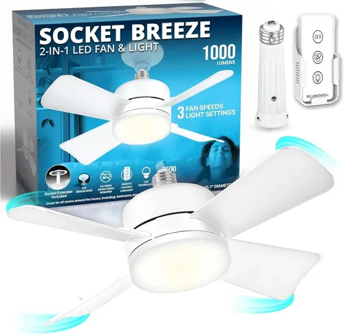 Vista 12 de Bell+Howell Socket Breeze Deluxe, Small Ceiling Fan with LED Light and Remote, Adjustable Speeds and Brightness, Light Socket Fan for Bedroom Negro