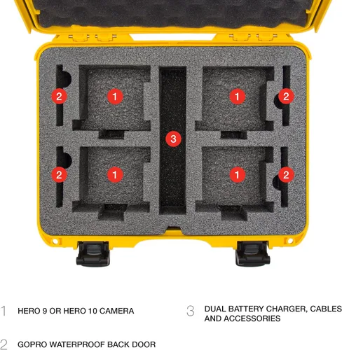 Vista 8 de NANUK 910 Estuche rígido impermeable con inserto de espuma para cuatro GoPro Hero 9 y 10 - Amarillo (910-4GOPH94)