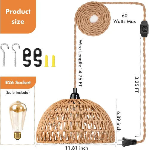 Vista 4 de Lámpara colgante de ratán con cable de cuerda de cáñamo de 15 pies, luces colgantes de mimbre con pantalla de lámpara de cesta de bambú, interruptor