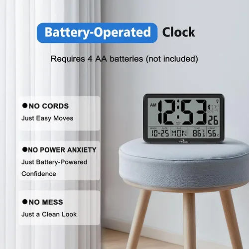 Vista 6 de WallarGe Reloj de Pared Atómico con Retroiluminación, Reloj de Pared Digital que Funciona con Pilas para Aula, Dormitorio, Oficina, Pantalla Grande