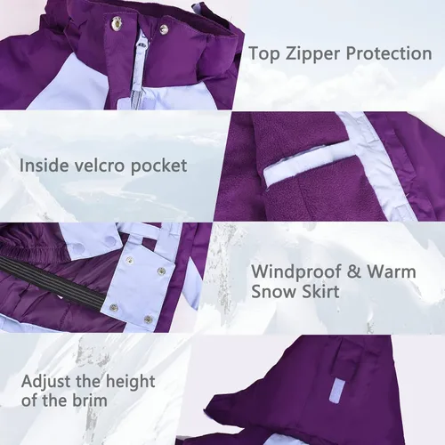 Vista 37 de Chaqueta de esquí impermeable para niñas, chaqueta de snowboard para exteriores, resistente al viento, con forro polar, abrigo de nieve cálido
