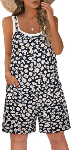 Vista 8 de Vigorics Enterizo casual para mujer, sin mangas, con tirantes ajustables, pantalones cortos, overoles elásticos con bolsillos Negro