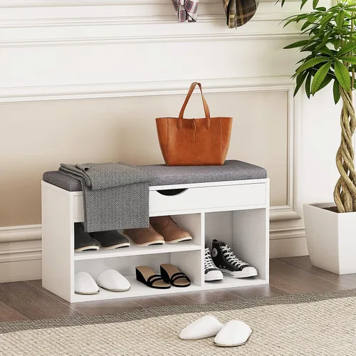 Vista 2 de WelFurGeer Banco de zapatos con almacenamiento, banco de almacenamiento de zapatos blanco, banco de entrada con almacenamiento, banco