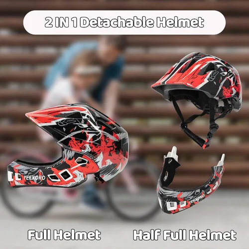 Vista 2 de Kids Bike Helmet with Chin Guard, Adjustable Full Face Helmet Negro-rojo