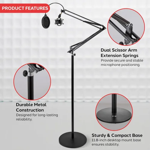 Vista 6 de Pyle Soporte de suspensión para micrófono: soporte de micrófono con brazo de tijera con soporte de choque, filtro pop integrado, extensión máxima