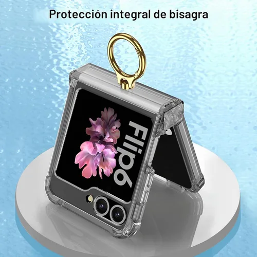 Vista 5 de Funda transparente para Samsung Galaxy Z Flip 6, protección de bisagra de lujo con soporte de anillo y protector de pantalla, funda suave todo Negro