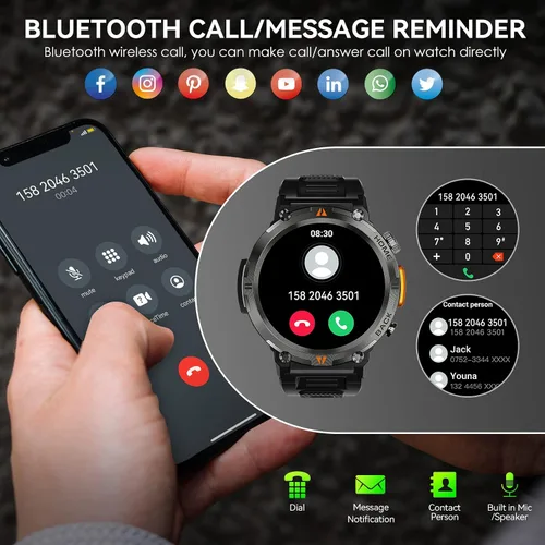 Vista 9 de Reloj inteligente militar para hombres con linterna LED 1.45 "HD Bluetooth Negro + correa de acero inoxidable extra