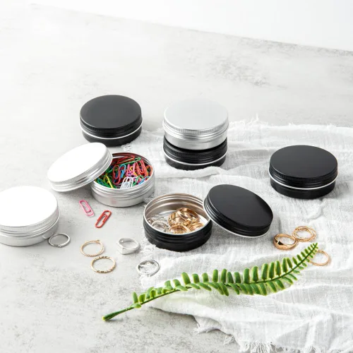 Vista 7 de Restaurantware RW Base - Cajas de almacenamiento de lata de 2 onzas, 100 cajas redondas de lata con tapas, tapas atornillables duraderas