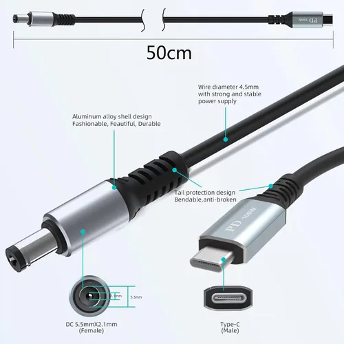 Vista 2 de Cable de carga de alimentación USB C a CC de 0.217 in x 0.083 in para portátil (5521), entrada USB tipo C macho de 20 V a CC 0.217 x 0.083 in, cable