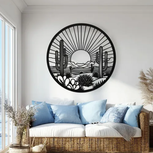 Vista 9 de Arte de pared de metal de cactus del desierto, decoración de pared redonda del desierto con diseño de cactus y puesta de sol, arte de pared de metal