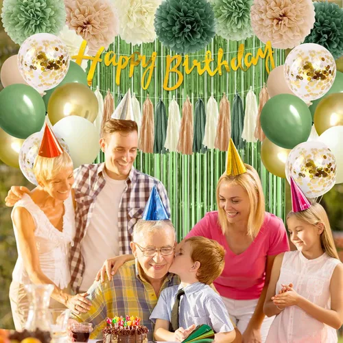 Vista 6 de Decoraciones de fiesta de cumpleaños verde salvia para mujeres y niñas, pancarta de feliz cumpleaños, retro, verde oliva, dorado, globo, cortina