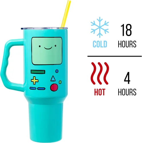 Vista 3 de Silver Buffalo Adventure Time With BMO - Vaso de acero inoxidable de doble pared con asa y pajilla, cabe en portavasos estándar, 40 onzas