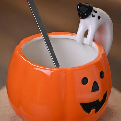 Vista 2 de ZaH Taza de cerámica con diseño de calabaza de Halloween, para fiesta de Halloween, con mango de calabaza, fantasma, naranja, 10 onzas (11.8 fl oz)