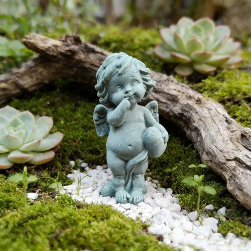 Vista 3 de livelyfish Estatua de ángel guardián, pequeña figura de querubín rezando, alas de arenisca, escultura de ángel para acuario, hogar, decoración