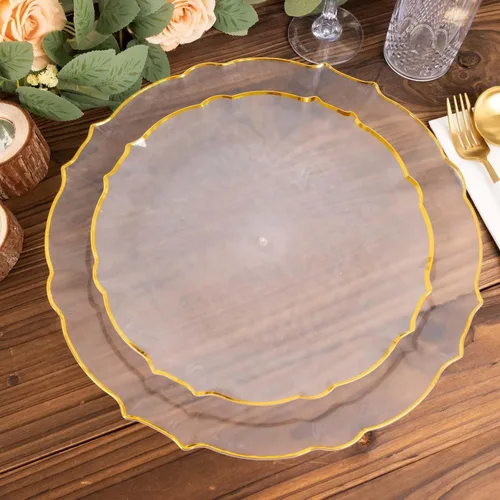 Vista 4 de Efavormart - Paquete de 10 platos de postre de plástico transparente con girasol con borde festoneado dorado, platos redondos desechables para Claro