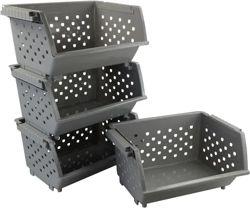 Vista 2 de Paquete de 4 cestas de almacenamiento desmontables apilables, contenedores apilables para organizar, color gris