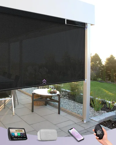 Vista 8 de Graywind Persianas enrollables motorizadas para exterior para patio compatibles con Alexa Google, cortinas solares inteligentes para exteriores