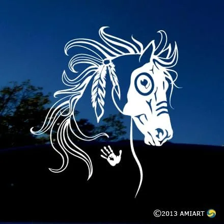 Vista 2 de Calcomanía de caballo de la guerra nativa americana, AMIART® Vinilo Ecuestre Art - I Love My Horses - Calcomanía de caballo tribal con símbolos