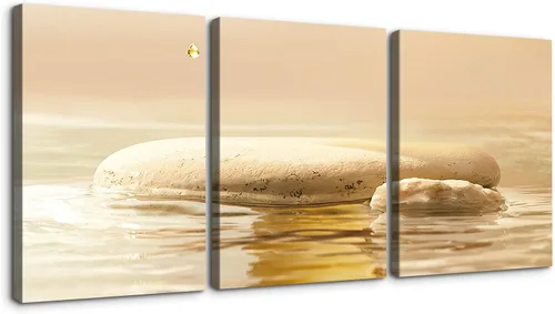 Vista 14 de Wewejia 3 piezas de lienzo gris para pared, calma/relajación, piedras zen doradas, cielo, pájaros, lago, niebla, luna llena, póster, arte de pared