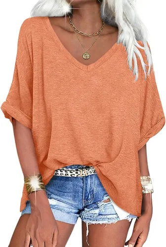 Vista 6 de UNCLECAT Camisetas de gran tamaño con cuello en V para mujer, camisas de manga corta de verano, holgadas, casuales