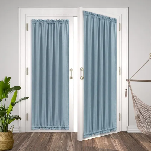 Vista 4 de KOUFALL Cortina de puerta francesa, persianas de lino para cubrir ventanas, 1 panel, 25 x 72 pulgadas de largo, color azul piedra