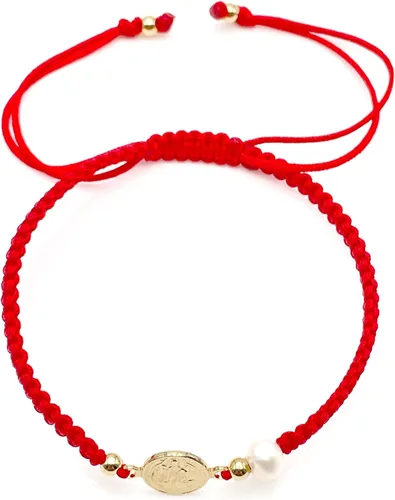 Vista 5 de Pulsera divina con medalla de San Benito y nácar de nailon rojo tejido ajustable para mujer