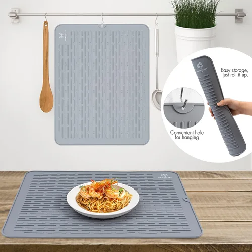 Vista 7 de Tapete de silicona para secar platos para encimera de cocina, extragrande, 23 x 18 pulgadas, resistente al calor, diseño antideslizante, secado Gris