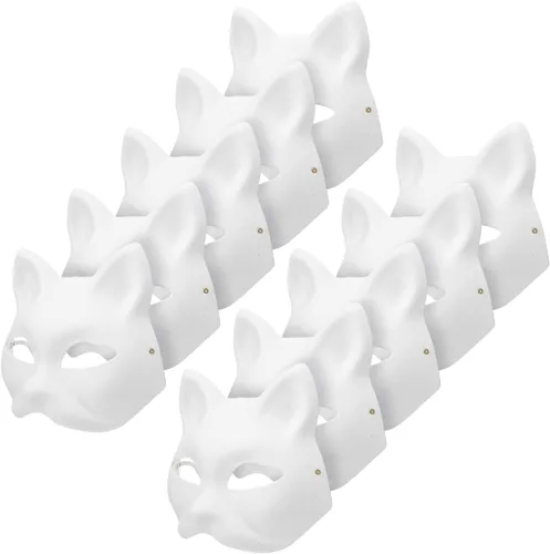 Vista 9 de STOBOK 10 máscaras faciales de gato de animales sin pintar en blanco, pintadas a mano, máscara facial blanca para Mardi Gras, fiesta de máscaras