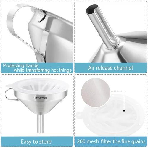 Vista 3 de Embudo de acero inoxidable de 5 pulgadas con colador y filtro de malla fina de 200, embudo de metal de grado alimenticio, filtro de aceite