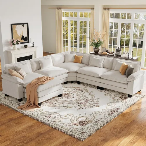 Vista 92 de Sofá modular de gran tamaño de 154 pulgadas, cómodo sofá en forma de U con 3 otomanas móviles, sofá moderno de felpilla de 7 plazas para sala