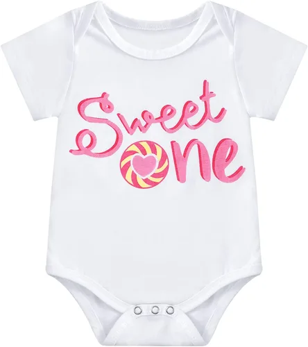 Vista 7 de ESHOO Conjunto de mameluco para bebé niña con estampado de caramelo, pantalones acampanados, diadema