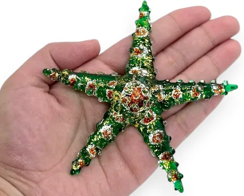 Vista 6 de Pequeña figura de estrella de mar multicolor de 2 pulgadas de largo, miniatura soplada a mano, pez estrella de cristal, multicolor, colorido, mar