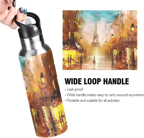 Vista 4 de Stainless Steel Vacuum Insulated Water Bottle 32 Oz, Leakproof Water Bottles for Gym Outdoor Travel School, Painting Street Paris Eiffel