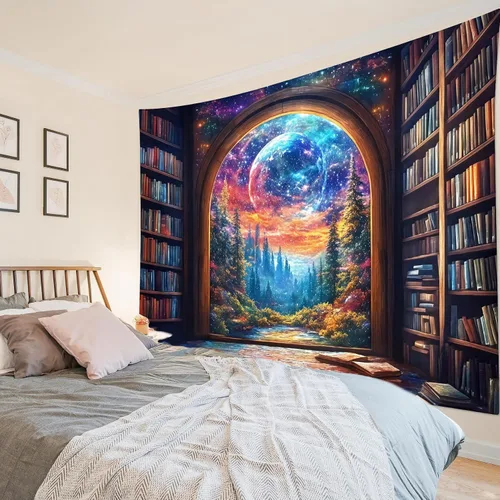 Vista 11 de LB Tapiz de cielo nocturno y océano, tapiz de luna llena sobre el agua, tapiz para colgar en la pared, tapiz de fantasía mágica de acuarela 3D, arte