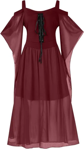 Vista 4 de Vestido punk gótico para mujer, con hombros descubiertos, manga de mariposa, vestido de Halloween, vestido de fiesta de cosplay de Navidad