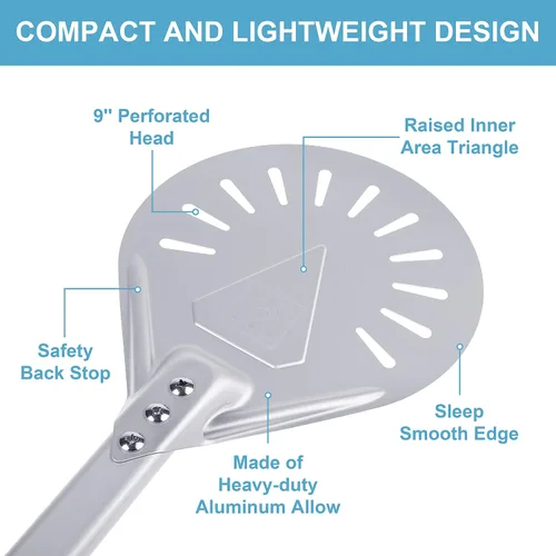 Vista 3 de Pizza Turning Peel – Paleta de aluminio ligera de 7 pulgadas con mango de aluminio recubierto de goma, diseño ergonómico, ideal para hornos de pizza