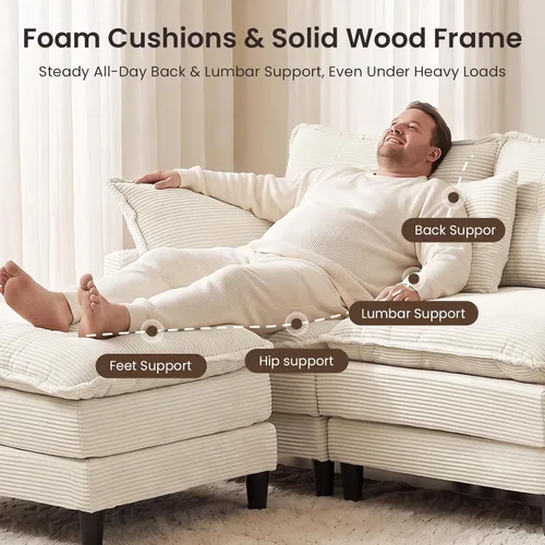 Vista 4 de Sofá de nube en forma de L de 73.5 pulgadas, sofá modular con mesa auxiliar otomana, sofá biplaza de pana con almohada, cómodo y moderno sofá