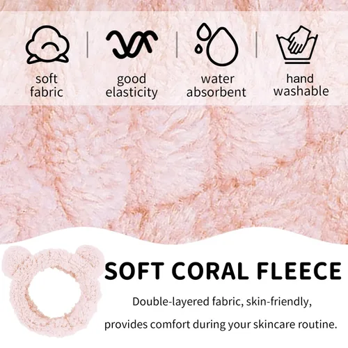 Vista 5 de WHAVEL 2 diademas de spa – Lindas diademas de maquillaje con orejas de oso para lavado facial, banda suave para el cabello facial (rosa, café)