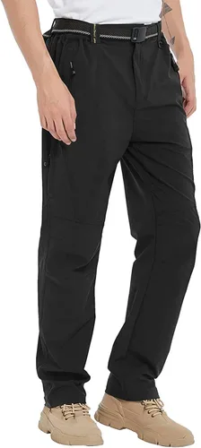 Vista 3 de Pantalones de senderismo para hombre con cinturón, secado rápido, ligeros, impermeables, con bolsillos con cremallera