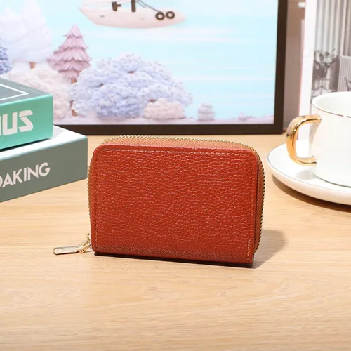 Vista 2 de Funda organizadora para tarjetas de crédito, cartera compacta de seguridad con cremallera pequeña, Marrón, Estuche para tarjetas