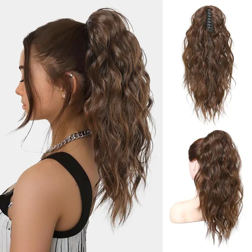 Vista 13 de FLUFYMOOZ Extensión de cola de caballo, extensión de cola de caballo con clip de garra de 18 pulgadas, extensiones de cabello ondulado y rizado