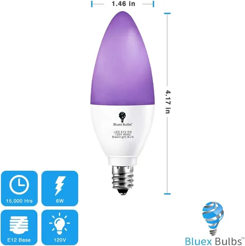 Vista 2 de Paquete de 2 bombillas LED negras, 6 W, E12, nivel de bombilla de luz negra, 385-400 nm, pintura corporal, que brilla en la oscuridad, bombilla LED