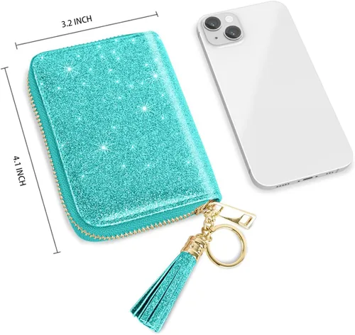 Vista 5 de Coco Rossi Tarjetero de crédito para mujer, cartera pequeña, funda RFID Un brillo azul y verde