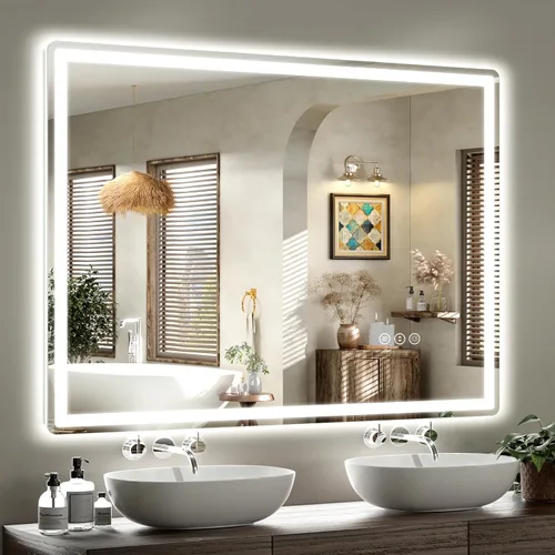 Vista 19 de SMIROR Espejo de baño LED con luces de 22" x 30", espejo de tocador rectangular redondeado iluminado para pared, iluminado frontal y retroiluminado