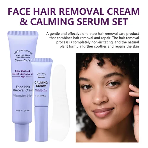 Vista 4 de Crema depilatoria facial para mujeres, kit de cremas depilatorias faciales suaves con raspado, suero calmante, crema removedor de vello corporal