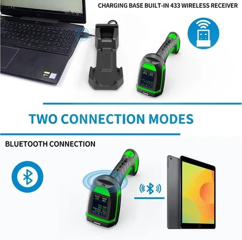 Vista 4 de Symcode Escáner de código de barras de pantalla 2D inalámbrico con soporte de carga, 2 en 1 inalámbrico 433 MHz y Bluetooth 2600 mAh 1D 2D escáner
