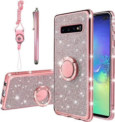 Vista 10 de Funda para S10 Plus, Galaxy S10 Plus para mujer, con purpurina, cristal suave, transparente, TPU de lujo, bonita funda protectora con correa de pie