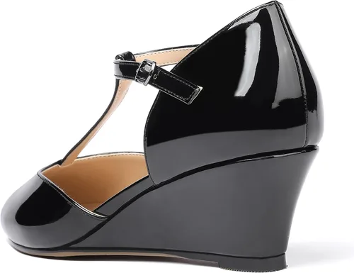 Vista 7 de MODENCOCO Zapatos de tacón bajo con cuña de patente de moda con hebilla de correa en T para mujer 2 pulgadas